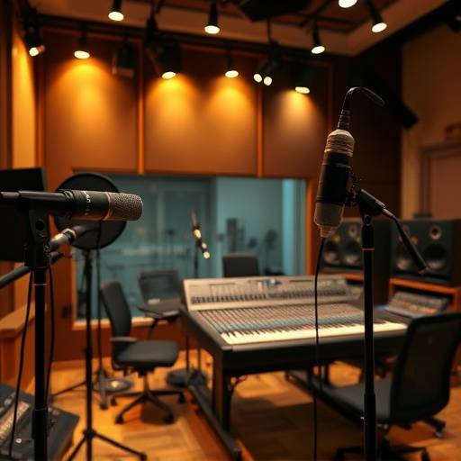 Interno dello studio di registrazione di Suono Perfetto a Bologna, con microfoni e console di mixaggio.