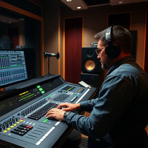 Tecnico del suono che lavora a una console in uno studio di registrazione moderno