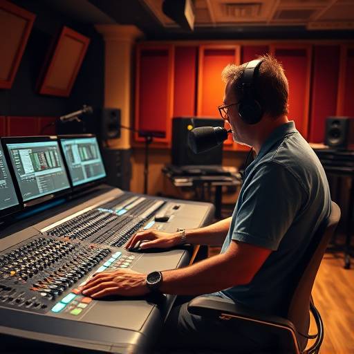 Un ingegnere del suono lavora a una console di mixaggio professionale nello studio di Suono Perfetto.