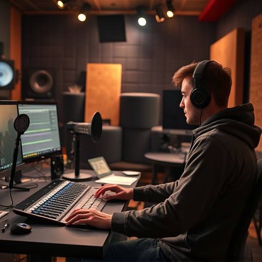 Un sound designer lavora alla creazione di effetti sonori per un videogioco nello studio di Suono Perfetto.